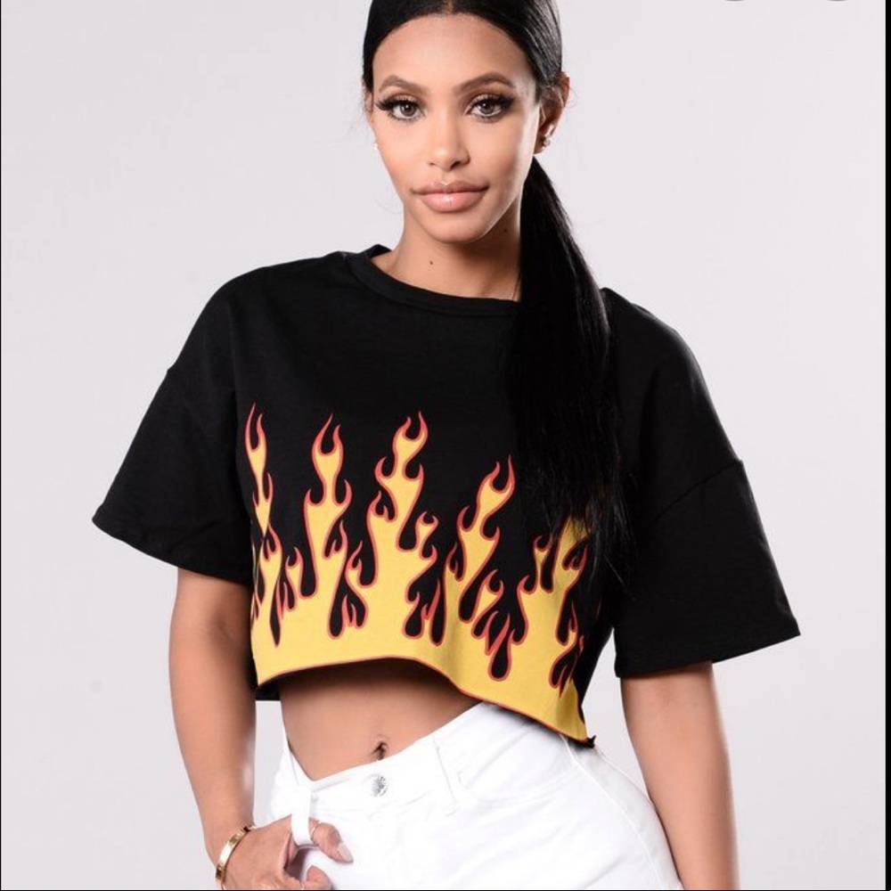 Fashion Nova; Black Crop Top with Flames